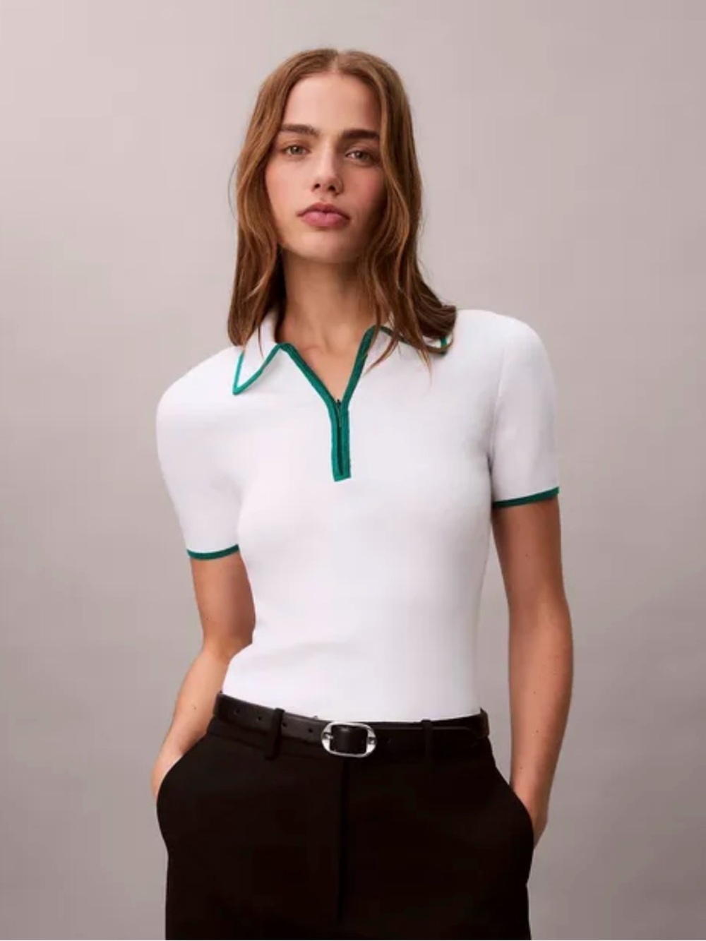 Calvin Klein White Short-Sleeve Polo with Green Trim